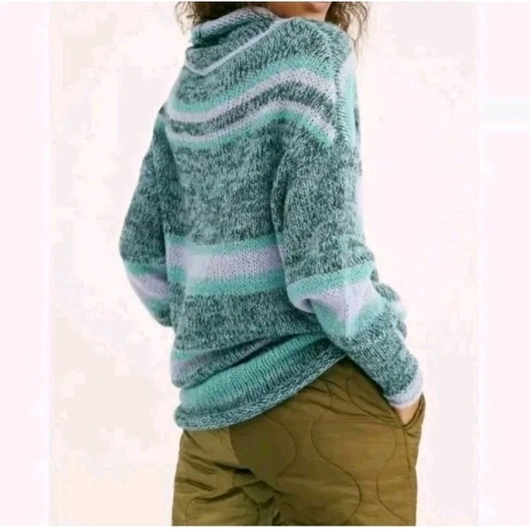 Free People Blue Candy Stripe‎ Cowl Neck Wool Alpaca Tunic Sweater Size Medium - Picture 6 of 14